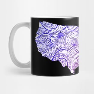 Colorful mandala art map of the United States of America in blue and violet on white background Mug